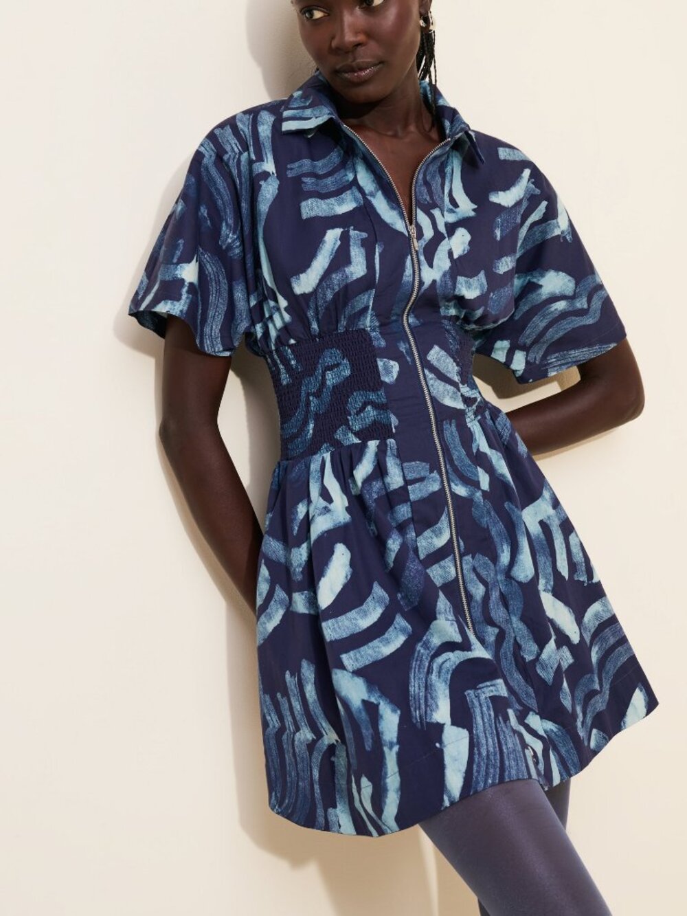 Anthropologie Tommie Short-Sleeve Smocked Front-Zip Mini Shirt Dress | Size XS